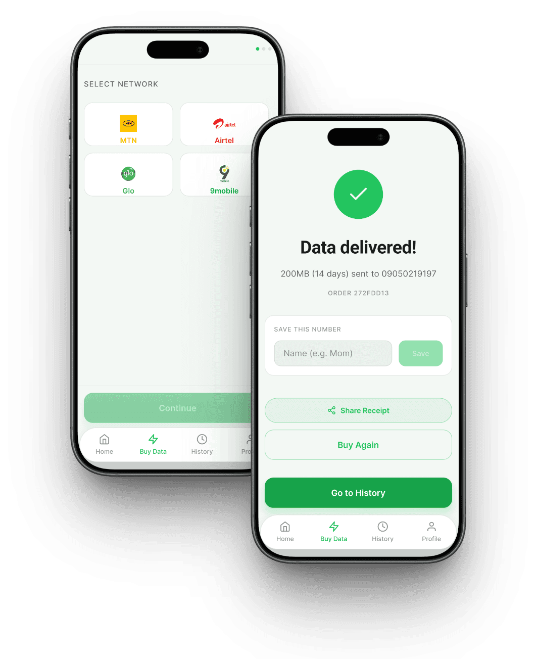 Network picker beside a delivery confirmation screen with receipt and buy-again actions