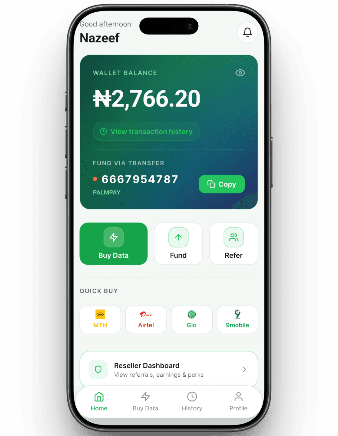 DataWave home screen showing wallet balance, a dedicated PalmPay account number and quick buy